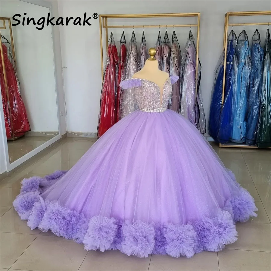 Lila helle Lavendel Quinceanera Kleider Ballkleid Sweet 16-Kleid Kristallperlen Perlen 16. Geburtstag Partykleider Maßgeschneidert