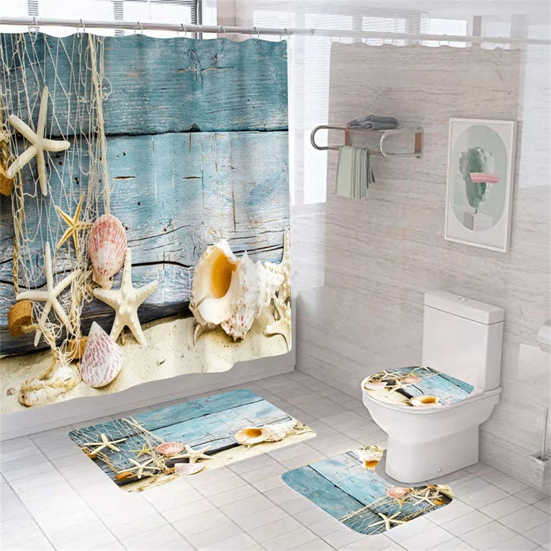 Print Shell Starfish Shower Curtains Ocean Beach New Bath Mat Set Waterproof Bath Curtain Polyester Anti-slip Carpet Toilet Rugs