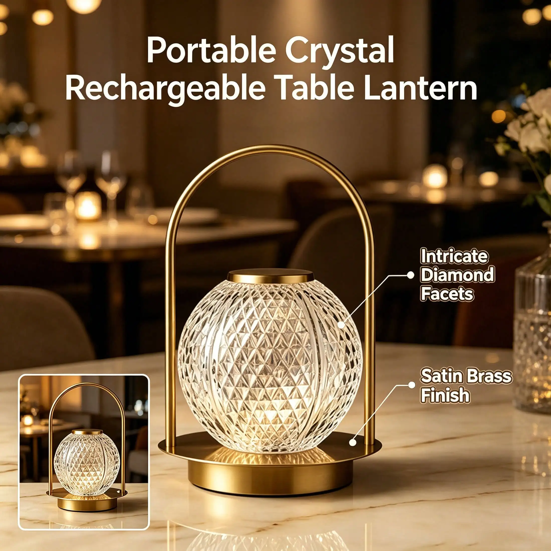 Cordless Table Lamp, Rechargeable Battery Operated LED Desk Lamp, Touch Control Dimmable Crystal Ball Lantern Night Light, Wireless Metal Bedside Lamp With Handle For Bedroom Restaurant Patio