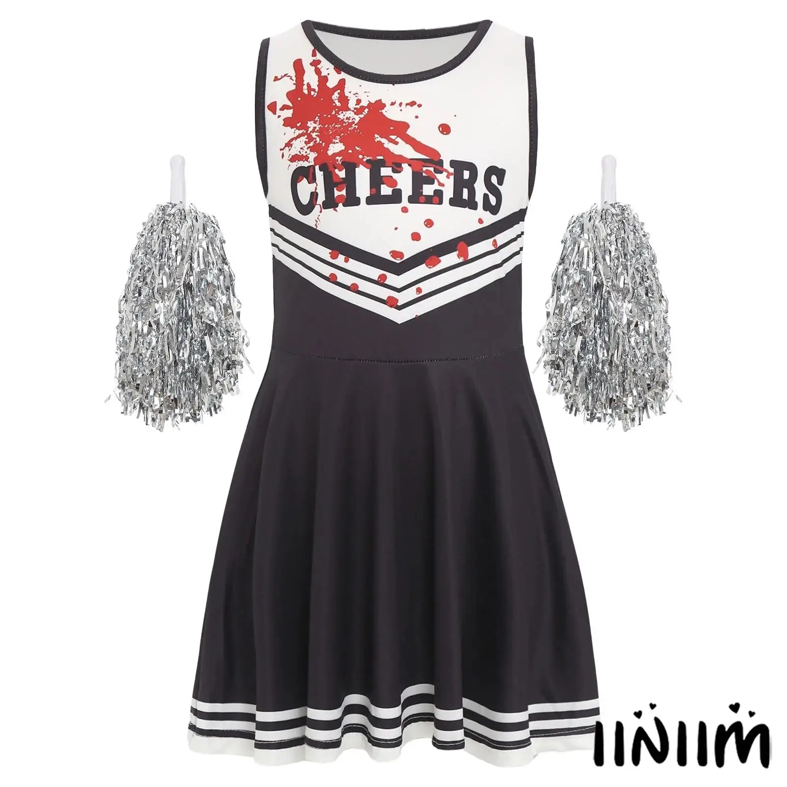 

Gory Cheerleader Outfit for Kids Girls Adjustable Sleeveless Dress with Matching Pom Poms for Scary Events And Halloween