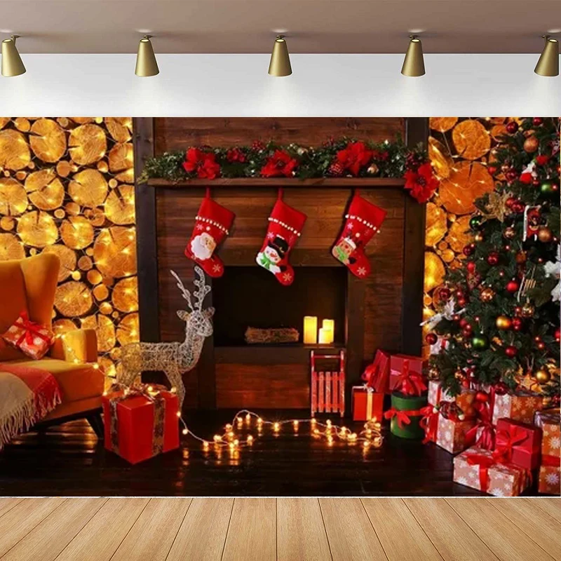 Christmas Fireplace Photography Backdrop Holiday Rustic Brick Wall Xmas Stocking Gift Party Background Poster Photo Booth Studio