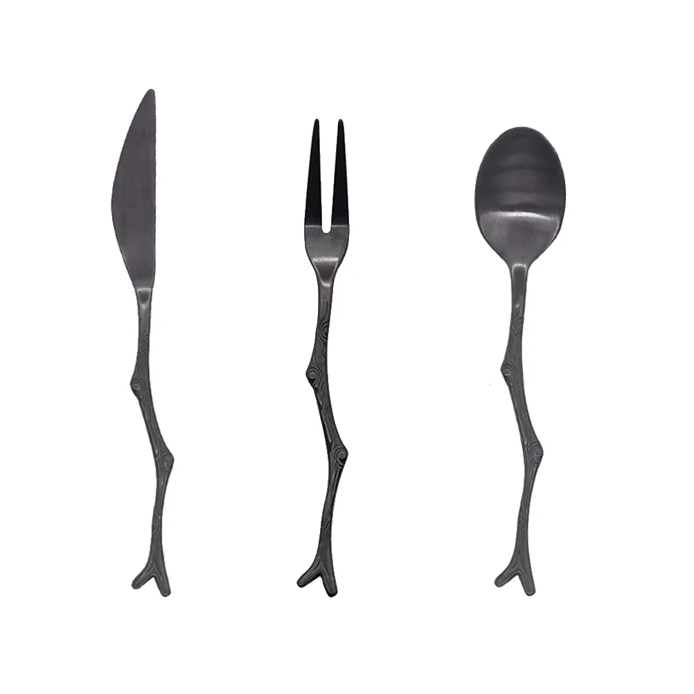 

3pcs Spoon Fork Set Stainless Steel Vintage Flatware Tree Branch Design Fruit Cutlery for Home Restaurant (Black)