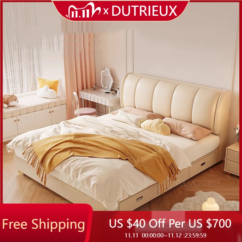 

White Cream Bed Cloud Large Size Room Decor Beauty Wooden Comfortable Ergonomic Bed Floor Letto Matrimoniale Home Furniture