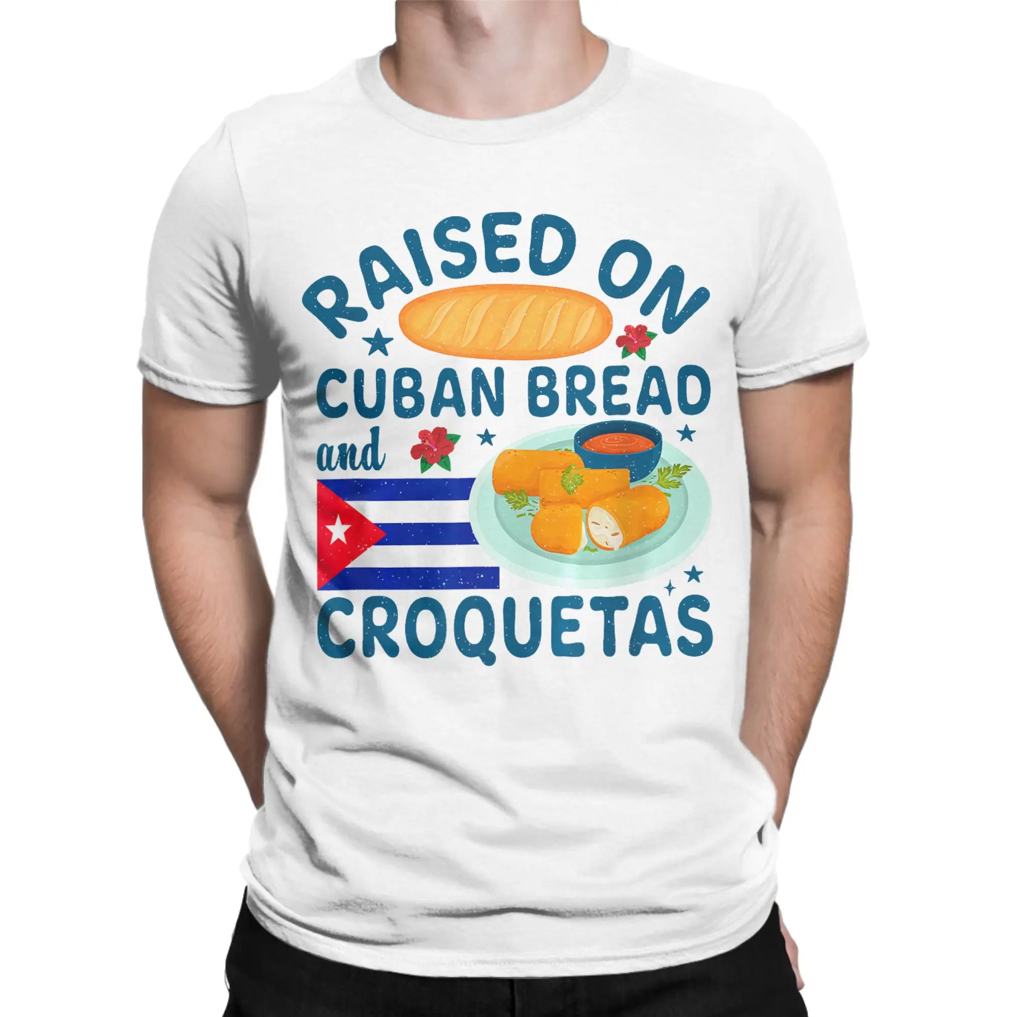 Printed Raised On Cuban Bread and Croquetas Cuba Heritage Flag T Shirt Men's Crewneck Short Sleeve Clothing  Cotton Summer Tops