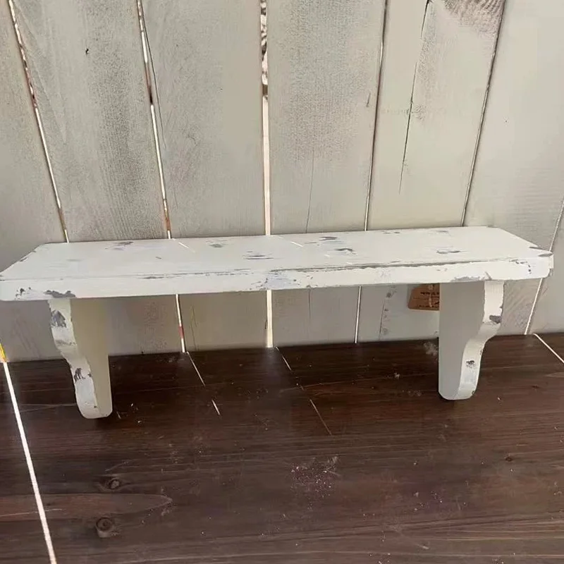 Vintage Wood Wall Shelf, Rustic Distressed Style in White and Brown, 38x14x15cm, Decorative Display Mounting Bracket