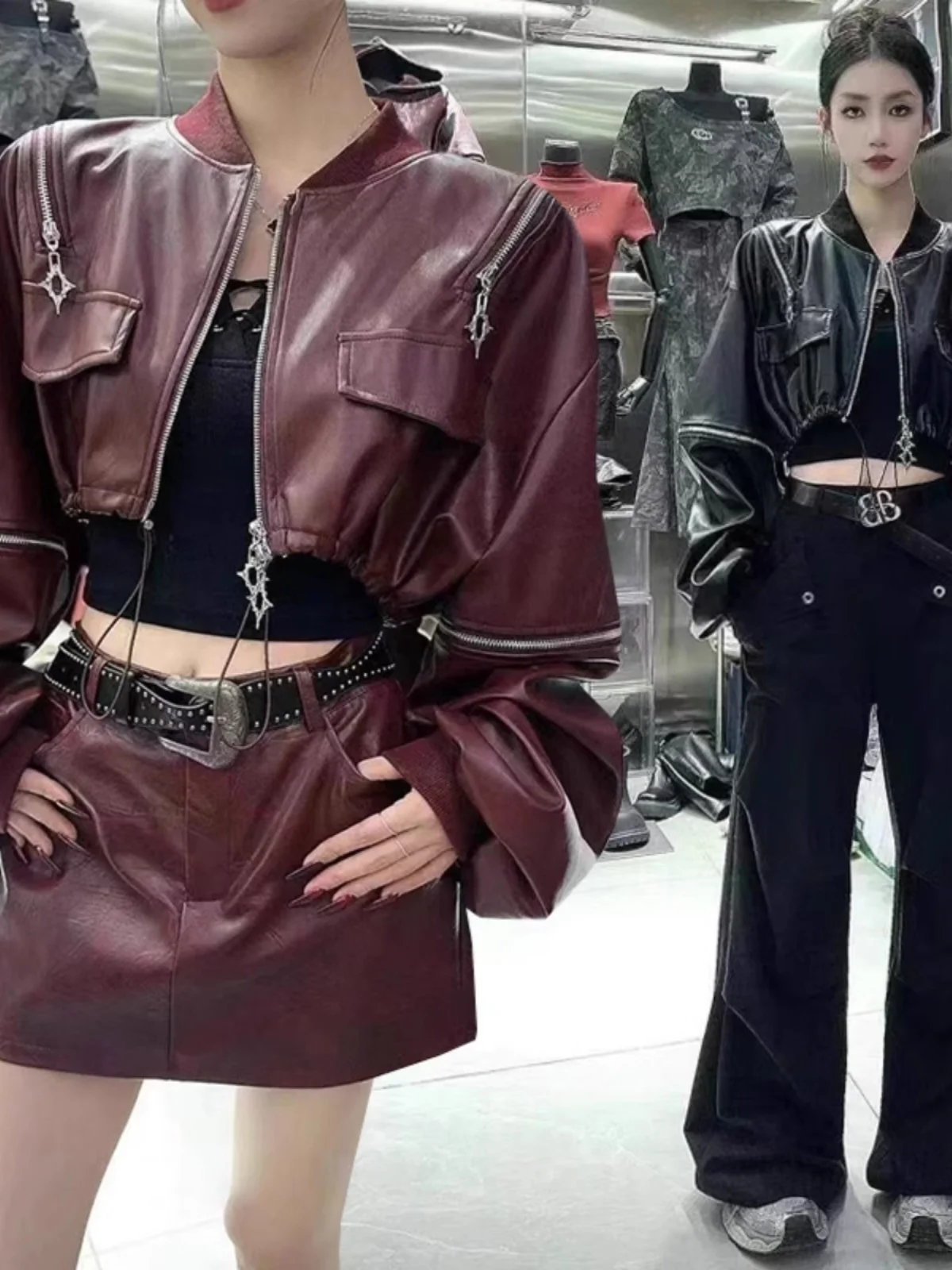 

Trendy Hot Girl PU Leather Jaet oulder Bared Zipper Design Loose Batwing Sve Women's Spring Faion Outerwear Coat