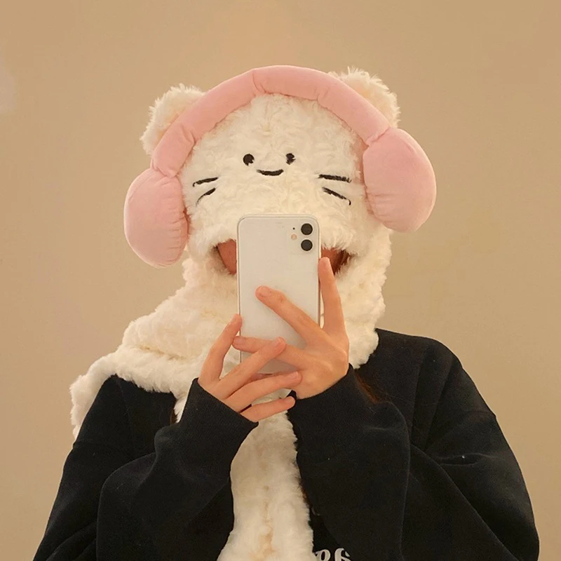 Cute Headphones Cat Hat Plush Soft Scarf Hat Anime Winter Windproof Warm Three-dimensional Scarf Set Girls Winter Hat Gift