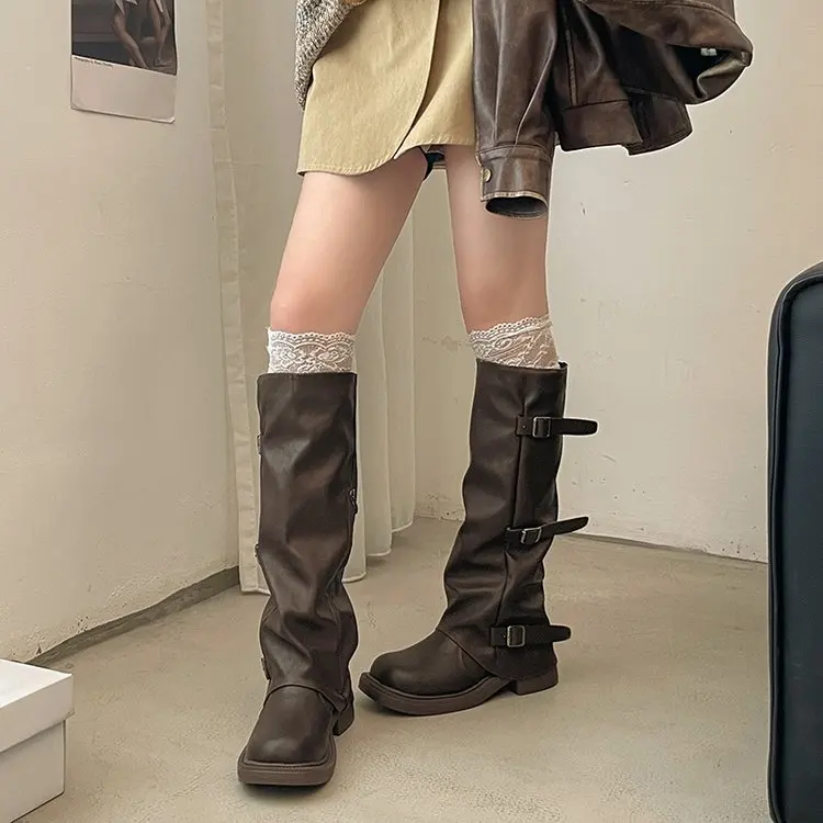 Plissierte Ritterstiefel mit Schnalle für Damen, Herbst, Braun, PU-Leder, Halbhohe Stiefel, Slip-On, Dicker Absatz, Reitstiefel, Botas Mujer 2026 – Detail 13