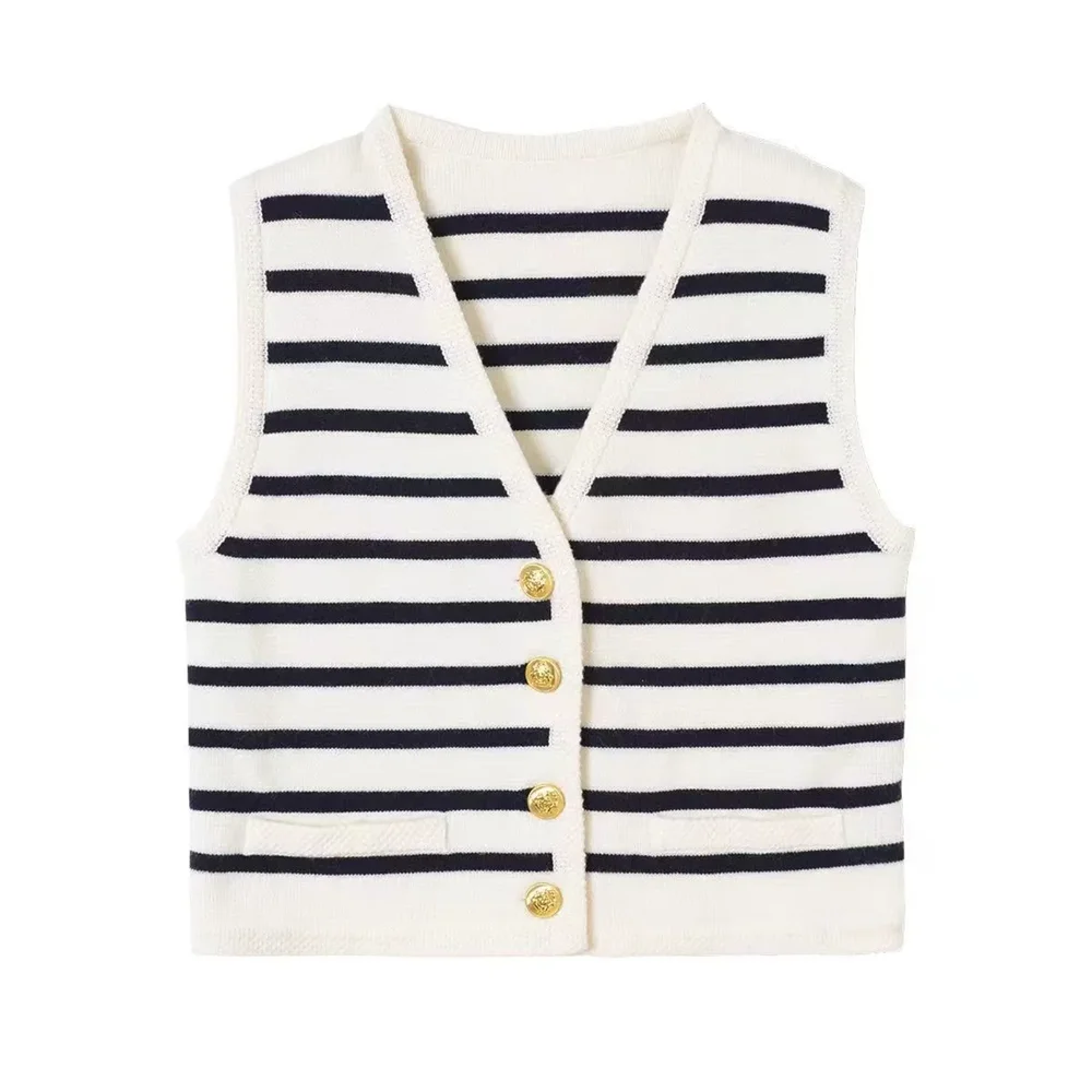2024 Female Chic Buttons Pockets Cardigan Vest Coats Tops Women Fashion Polyester V Neck Hollow Out Striped Knitting Sweater