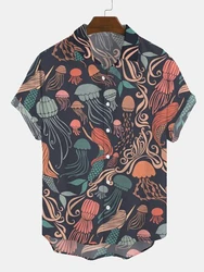 Fashion Men's Casual Sea Life Graphic Short Sleeve Shirt Button Down Lapel Shirts Oversized Tops Casual Hawaiian Shirt for Man