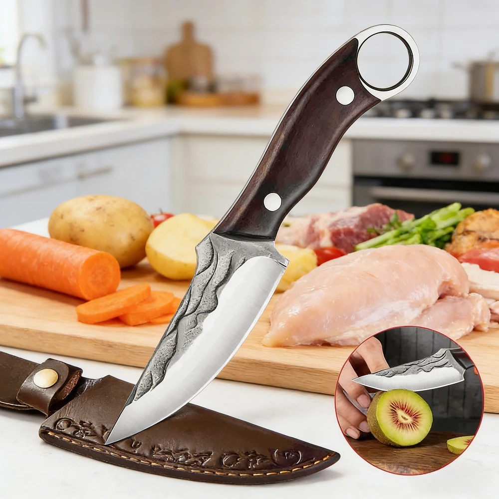 Coltello da Disosso Forgiato a Mano in Acciaio ad Alto Tenore di Carbonio, Coltello da Macellaio da Cucina con Manico in Legno, Coltello da Caccia e Campeggio per Esterni con Fodero in Pelle per