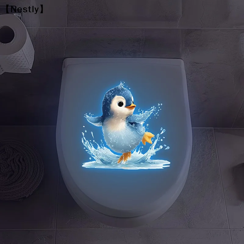Glow-in-the-Dark Penguin Toilet Sticker Bathroom Decal Self-Adhesive Removable Luminous Wall Sticker Home Decoration〔Nest〕