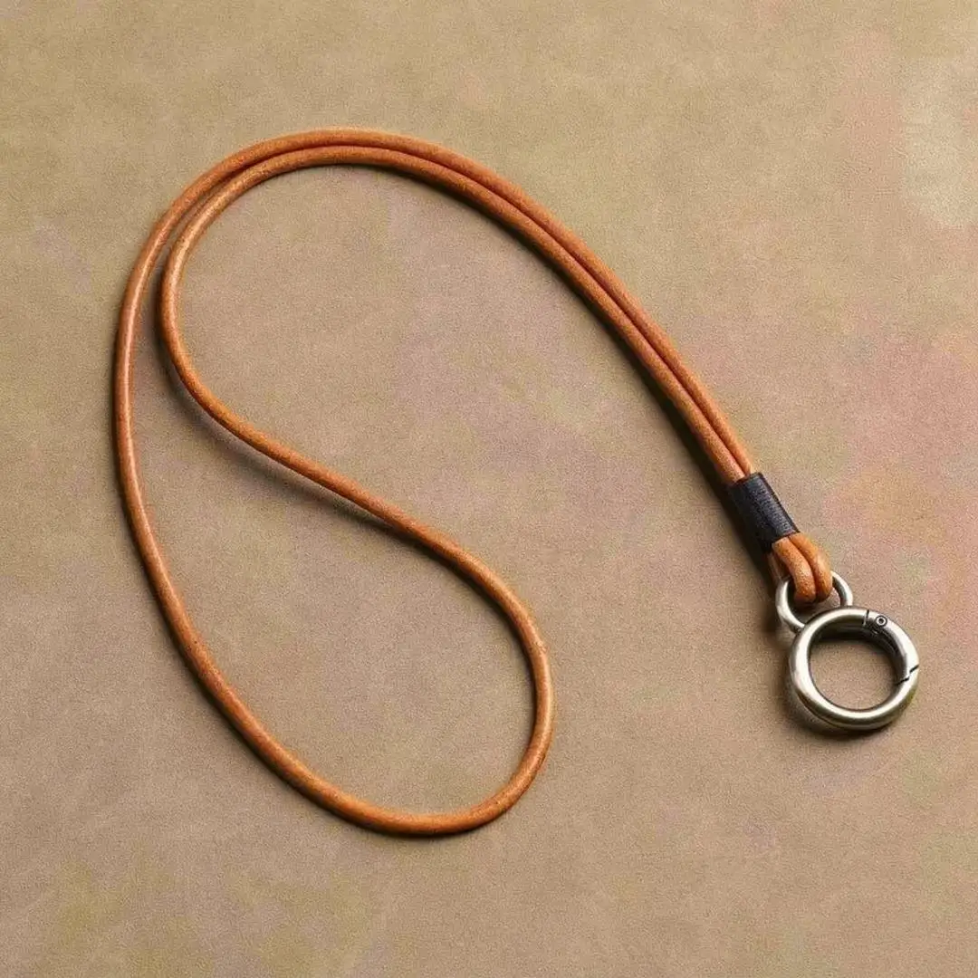 Genuine Leather Keychain Lanyard Handmade Cowhide Rope Key Ring with Metal Clasp Car Key Holder Wrist Strap for Men Women