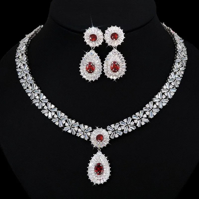 CC Fashion Jewelry Set for Women Zirconia Wedding Necklace and Earrings White Gold Plated Luxury Party Accessories