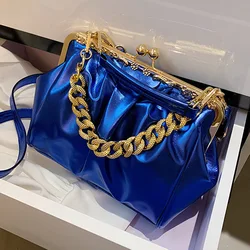 Brand Women Chain Shoulder Bags Kiss Lock Shell Clip Ruched Lady Silver Blue Green Crossbody Bags Pu Leather Handbags And Purse