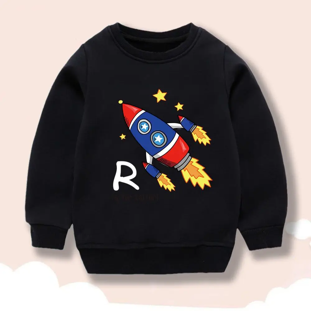 Modische Oberteile für Jungen, Cartoon-Raketen-Weltraum-Print, Sweatshirts mit Rundhalsausschnitt, lässige Pullover für Kinder, Frühling & Herbst