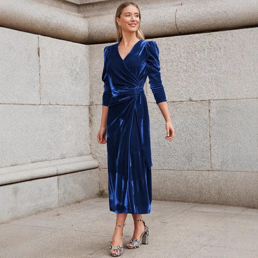 Vestido de noite de veludo estilo francês, vestido longo de baile, manga, decote em v, com faixa, elegante, formal, para festa, casamento, banquete ​