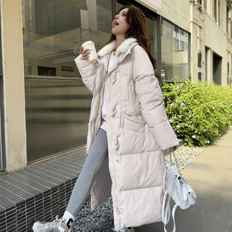 

Winter Horn Button Lamb Wool Collar Warm Down Jacket Women White Duck Down Knee Length Outwear Female Thicken Parker Long Jacket