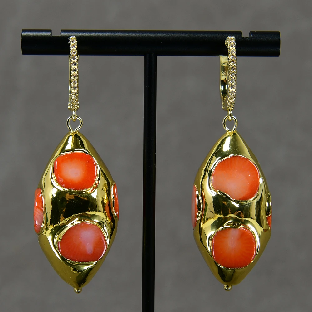 GG Orange Coral Gold Edge Plated Olivary Shape Dangle Earrings Jewelry Gifts For Women Gifts