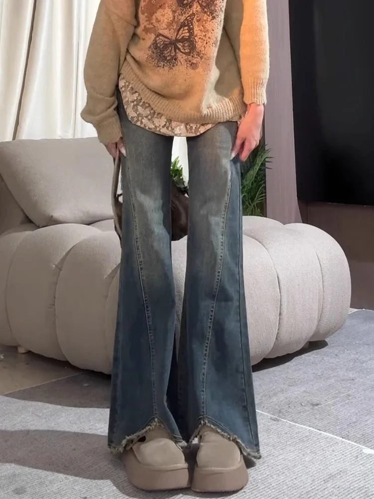 

Винтажные джинсовые джинсы с высокой талией и широкими штанинами, женские осенние новые расклешенные брюки больших размеров для похудения, повседневные брюки