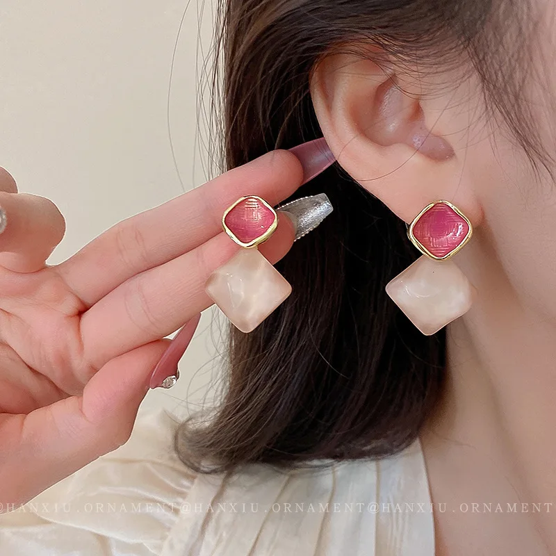 2026 Silver Needle Green Pink Water Ripple Square Earrings For Women Jewelry Trending New Korean Fashion Earrings Pendientes