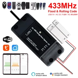 Tuya WiFi Smart Universal 433MHz Fixed Rolling Code Garage Gate Door Opener RF Receiver With Door Sensor 5V AC DC 7-250V Alexa