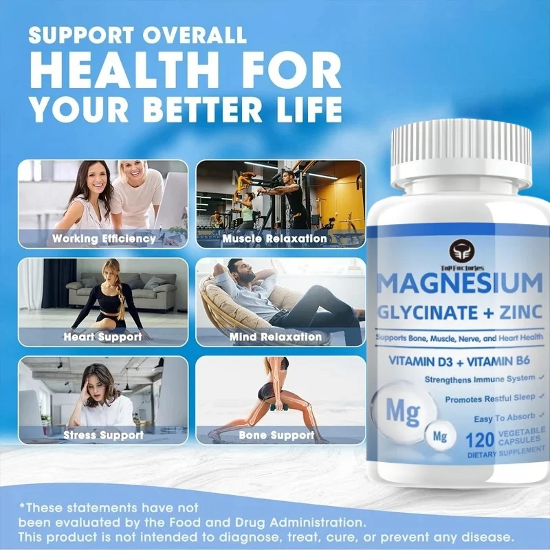 Magnesium glycinate supplement - containing vitamin B6 and zinc, vitamin D3, chelated magnesium, promoting sleep