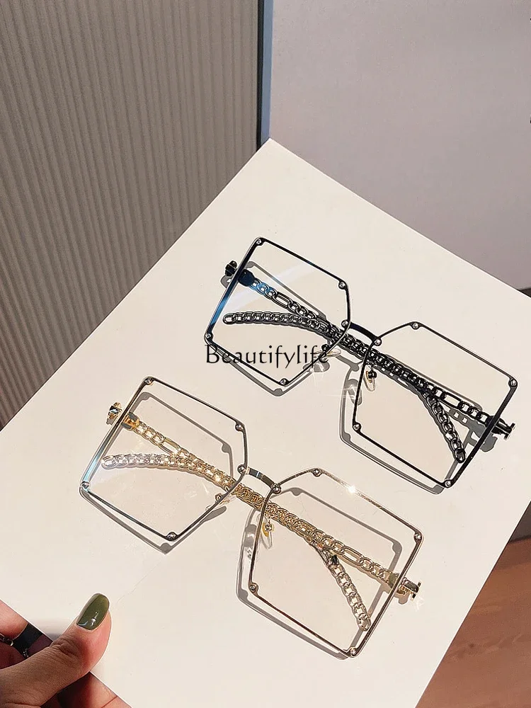 Glasses frame fashionable square large frame metal chain strip legs anti-blue light flat mirror