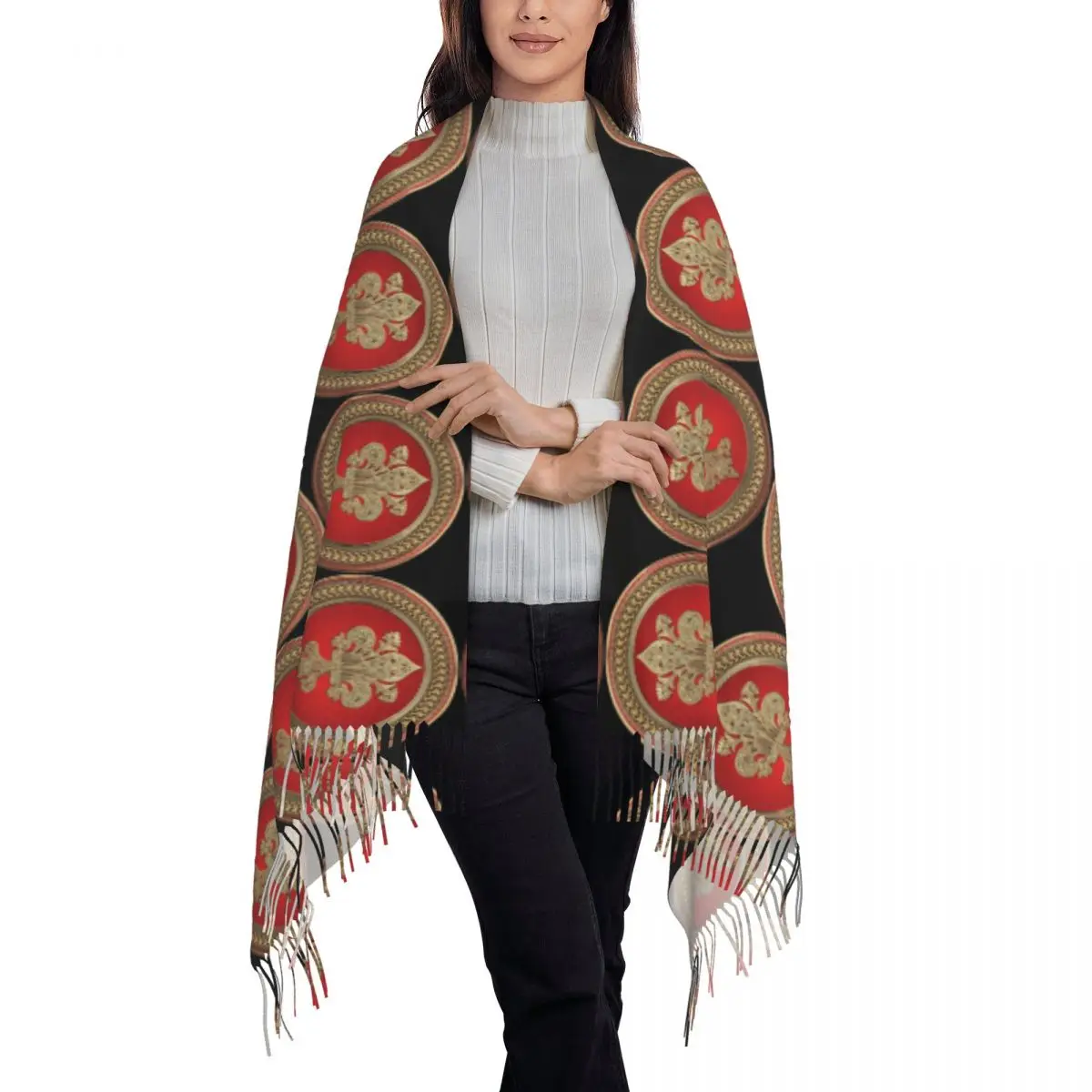 تخصيص مطبوعة الذهب تخريمية فلور دي ليز وشاح النساء الرجال الشتاء الخريف الدافئة الأوشحة زهرة الزنبق فلور دي ليز شالات يلتف #3