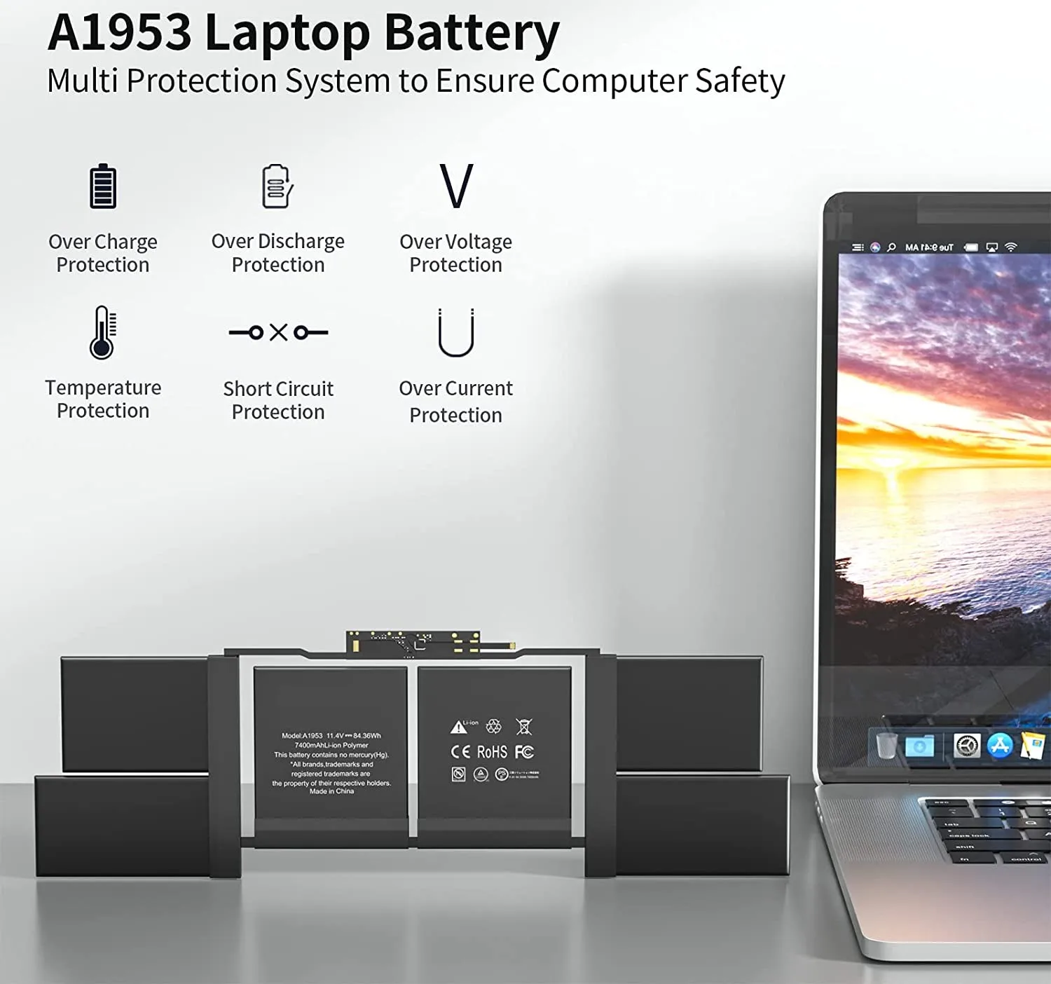 A1990 A1953 Battery Replacement for MacBook Pro 15" Touch Bar EMC 3215 3359 Mid 2018 2019 MV902LL/A MV912LL/A 11.4V 83.6Wh