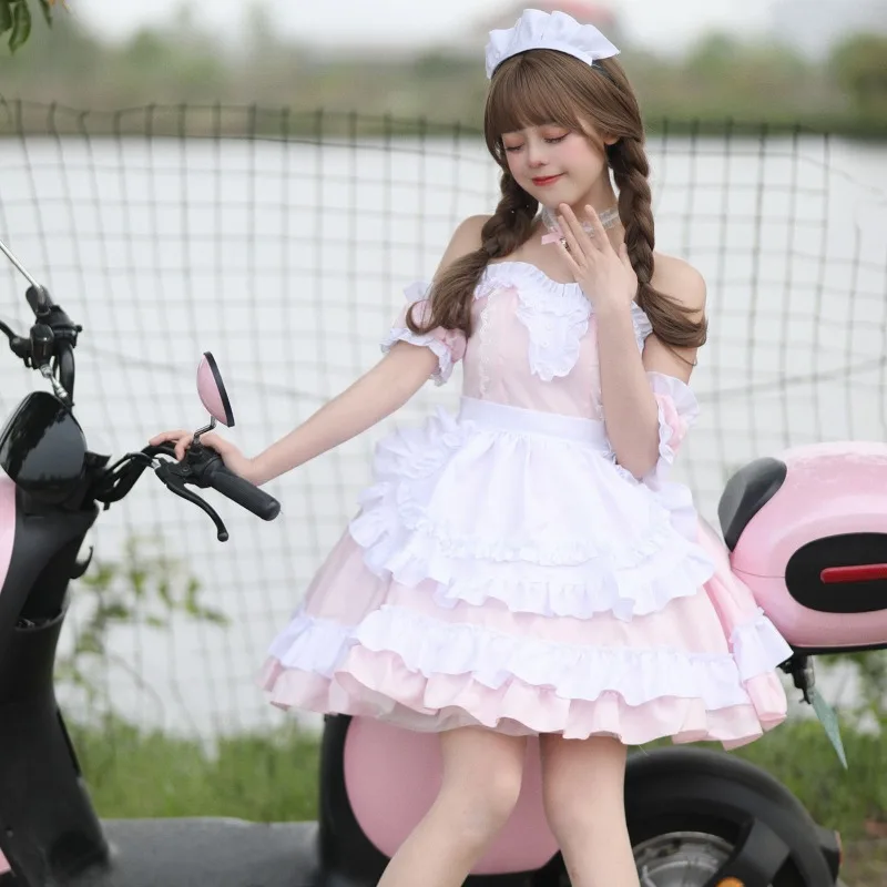 

S-5XL Plus Size Pink Maid Uniform Sexy Animation Show Lolita Suspender Dress Girl Summer Slash Neck Lace Cute Short Cake Dresses