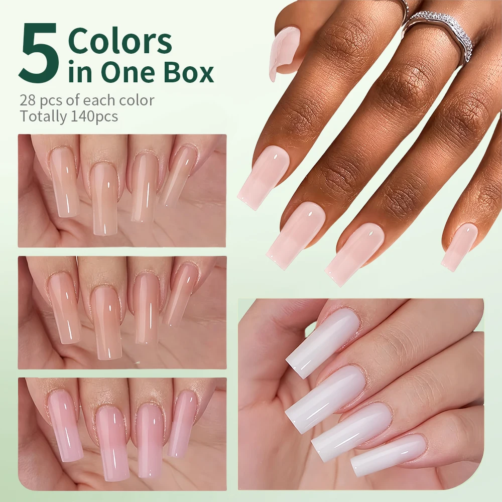 NAILPOP 140 Stück nackte natürliche Gelnägel, 14 Größen, vorgefärbtes weiches Gel, falsche Nagelspitzen, Soak Off-Acryl-Kunstnägel, Verlängerungen, Salon – Detail 17
