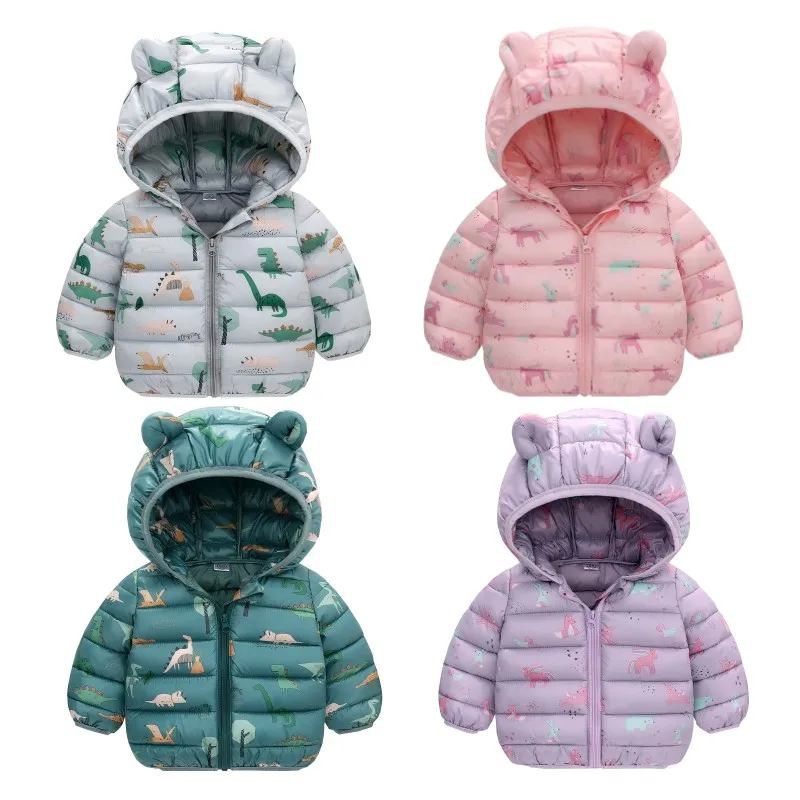 Lightweight Jacket Kids Boys Girls Baby Cartoon Gray Dinosaur Zipper Hooded Coats Autumn Winter Christmas Outerwear 1-5 Year Old