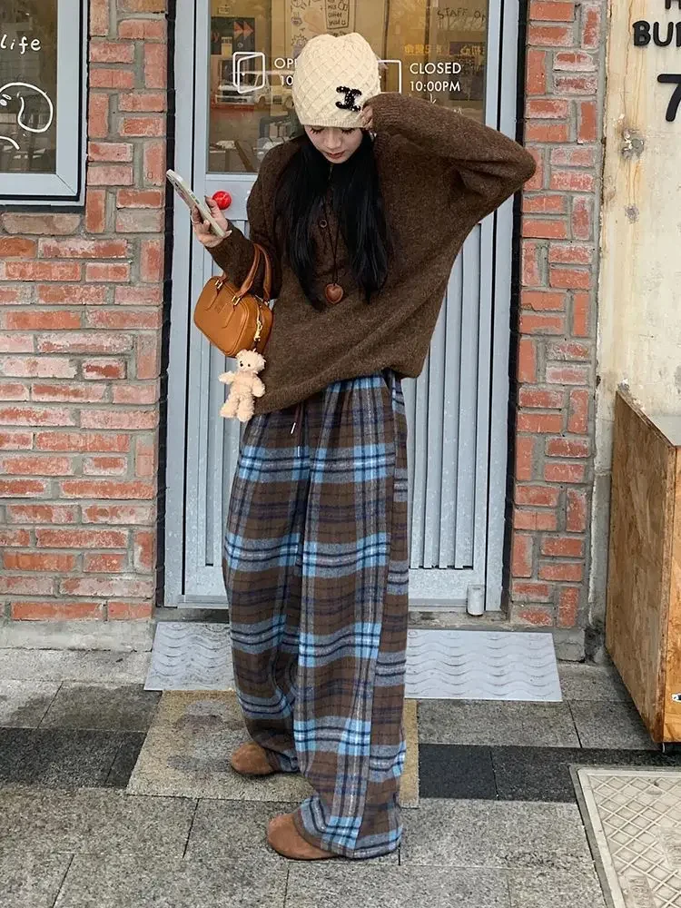 Blue Plaid Thickened Woolen Casual Pants Straight Leg Wide Leg Floor Length Trousers Autumn Winter New Style Trendy Women's Long