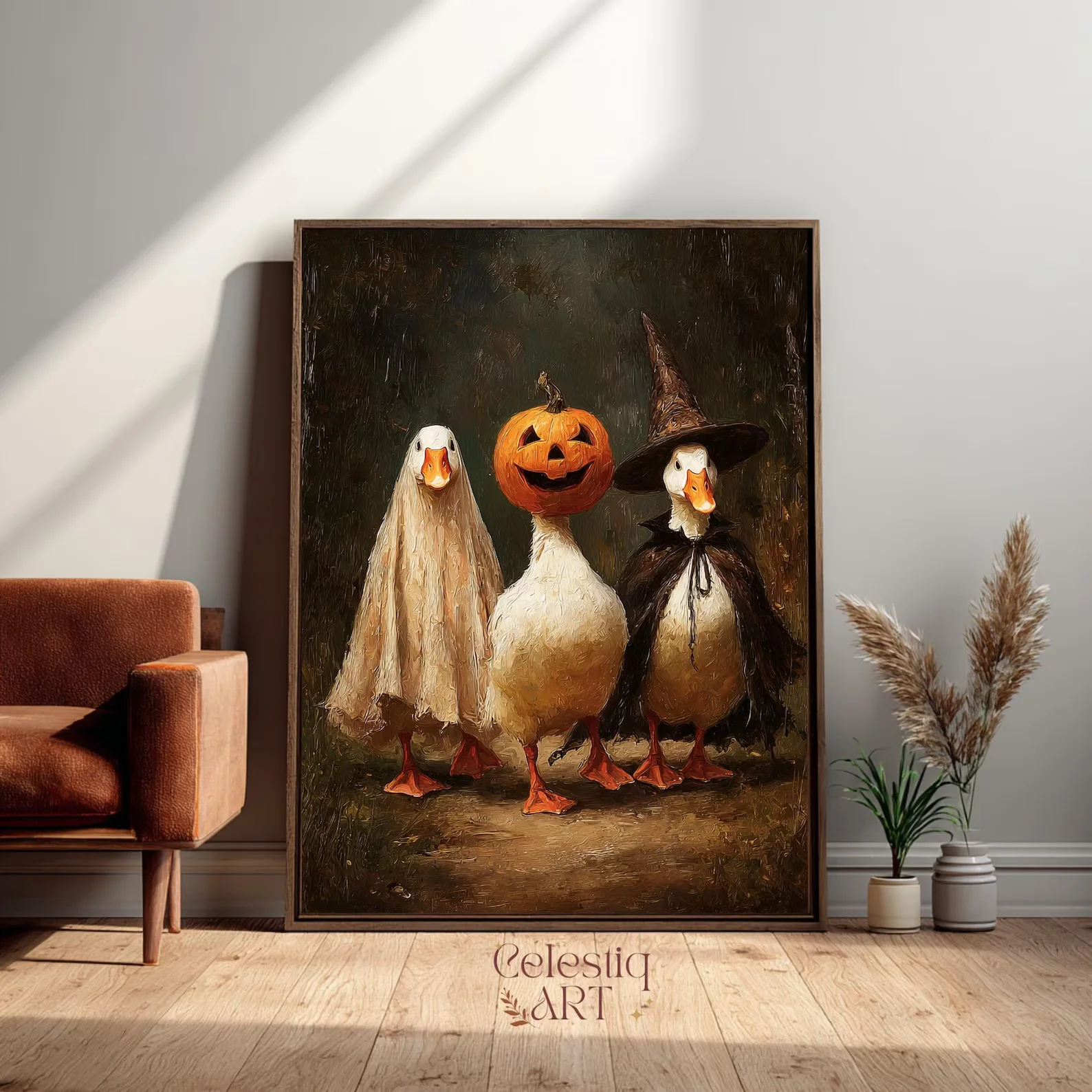 Halloween Goose Art Print, Cute Halloween Wall Art, Spooky Animal Digital Art, Printable Fall Decor, Funny Witch Ghost Pumpkin G