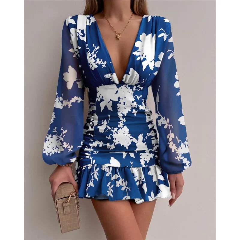 

Spring/Summer New Women's Fashion Pullover Tight Blue Printed Dress Temperament Commuting Elegant Ruffle Mini Dresses for Women