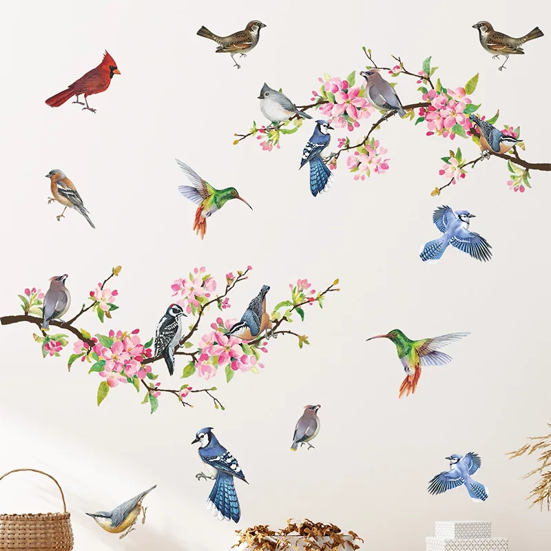 Colorful Birds on Tree Wall Stickers Pastoral Style Peach Blossom Branch Flying Birds Wall Decals for Living Room Bedroom Decor