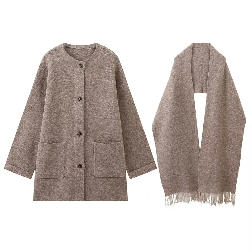 Otoño nuevo producto moda mujer suelta cuello redondo manga larga Color sólido bufanda capa suéter de punto abrigo