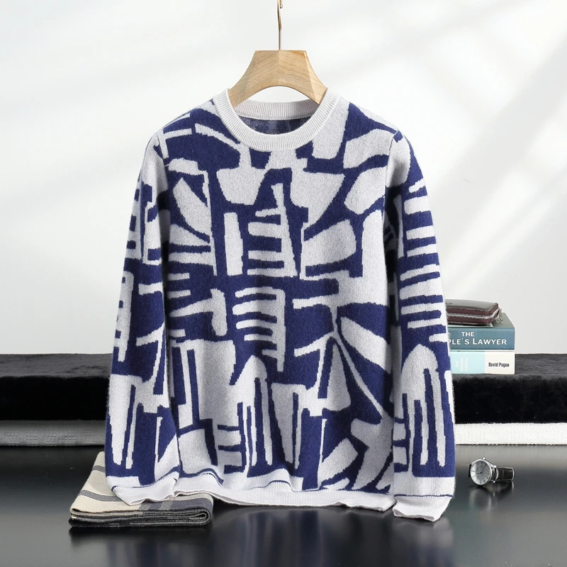 

Autumn Winter Round Neck 100% Cashmere Sweater Men Autumn Winter Thick Jacquard Fashion Trend Wool Sweater Knitted Base Shirt