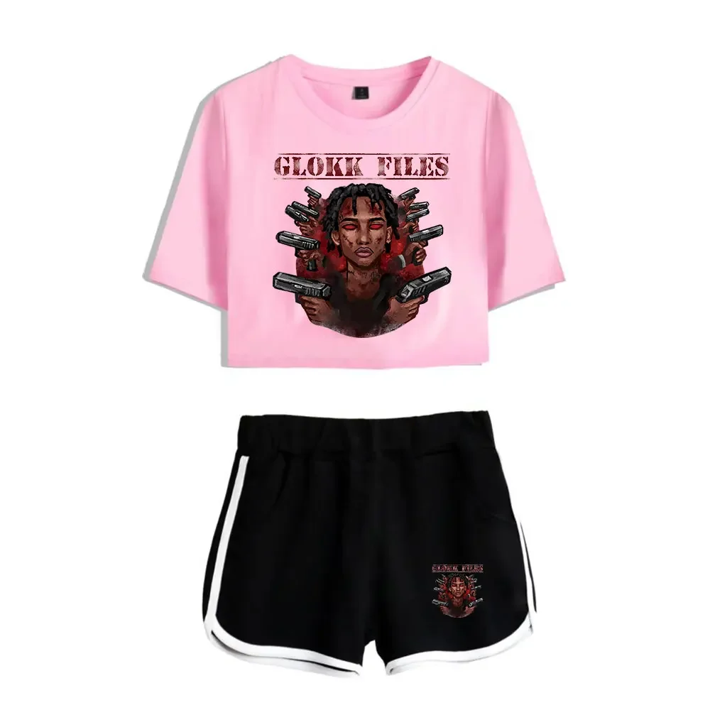 Glokk40Spaz Merch Summer Women's Sets Crop Top Shorts Two Piece Outfits Casual Tracksuit Streetwear