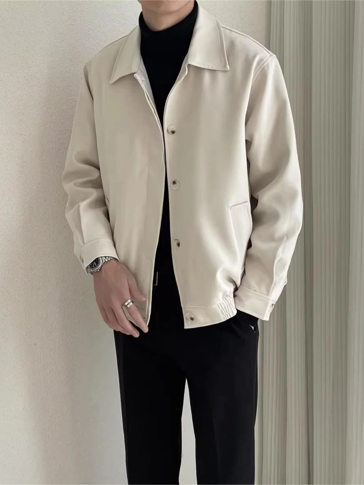 

Moccasin Color Outerwear Men's Spring Autumn 2023 New Casual Korean Sle Anti-Wrinkle Single Button Notch Collar Jaet Trendy