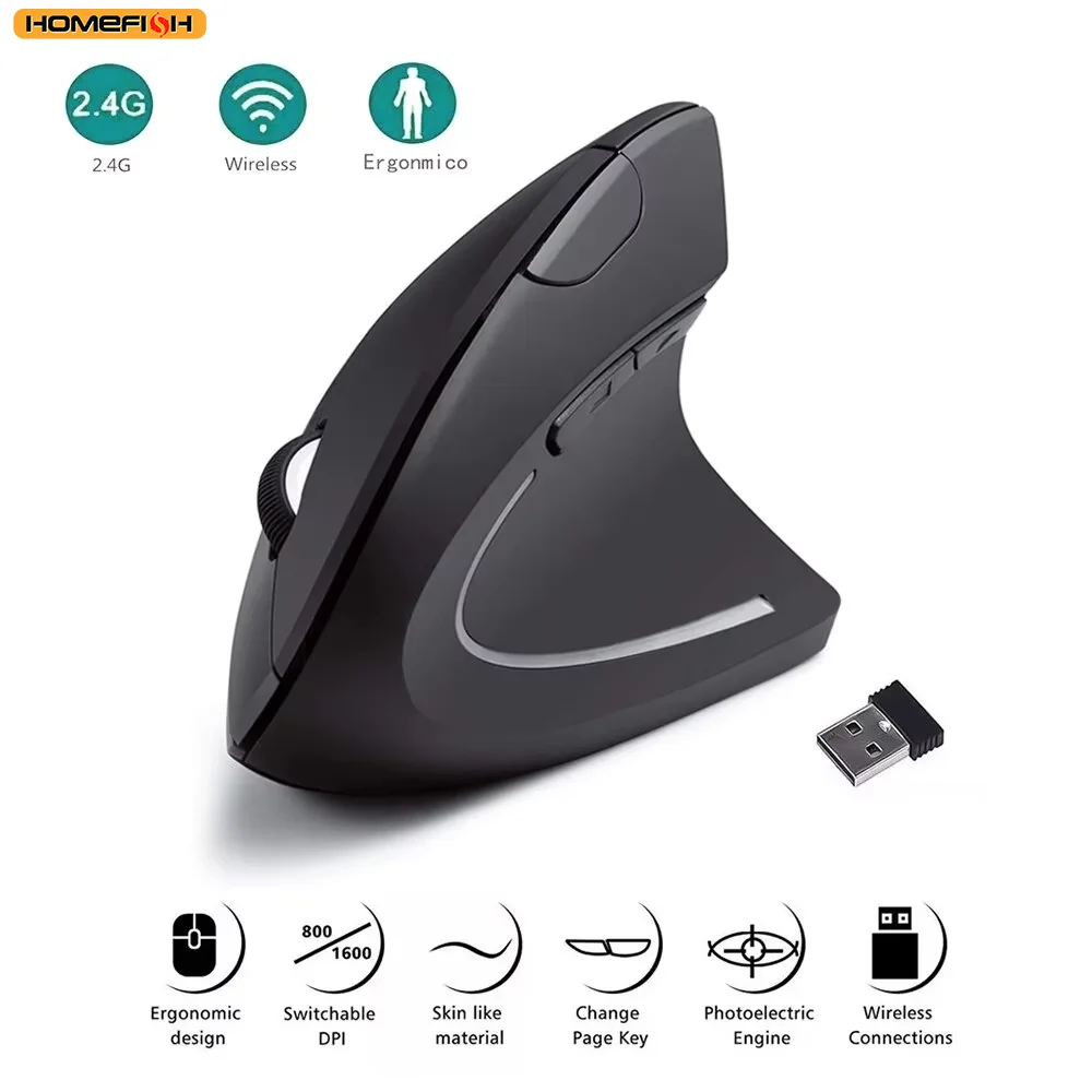 HOMEFISH Pionowa Mysz Ergonomiczna Bezprzewodowa 2.4GHz Optyczna Mysz z 3 Regulowanymi Poziomami DPI 800/1200/1600 i 6 Przyciskami do Laptopa PC Komputera