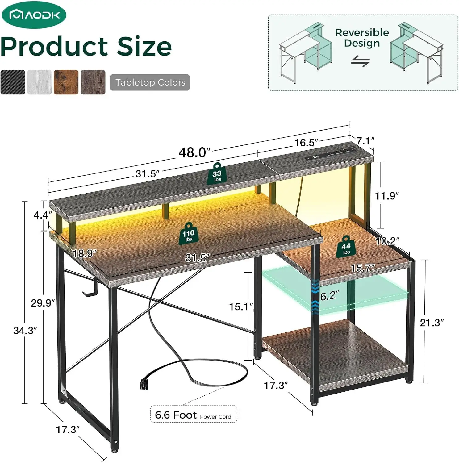 Computer Desk, 48 Inch Gaming Desk with Led Lights & Power Outlet, Office Desk with Printer Storage Shelves, Reversible Desk wit