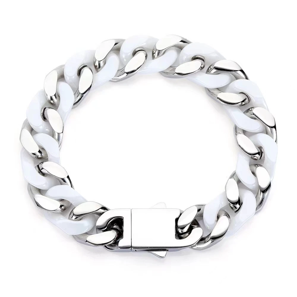 

White Ceramic Cuban Bracelet Fasteners Splicing Stainless Steel Chain Link Men Women Bangle Jewelry Accessories Birthday Gifts