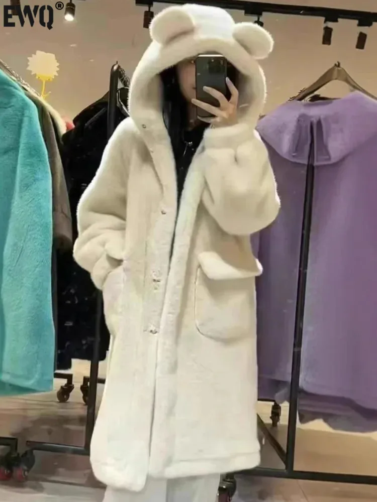 [EWQ] Cute Ears Design Hooded Big Pockets Faux Fur Coat Single Breasted Keep Warm Thicken Fur Overcoats 2024 Winter New 16O3699