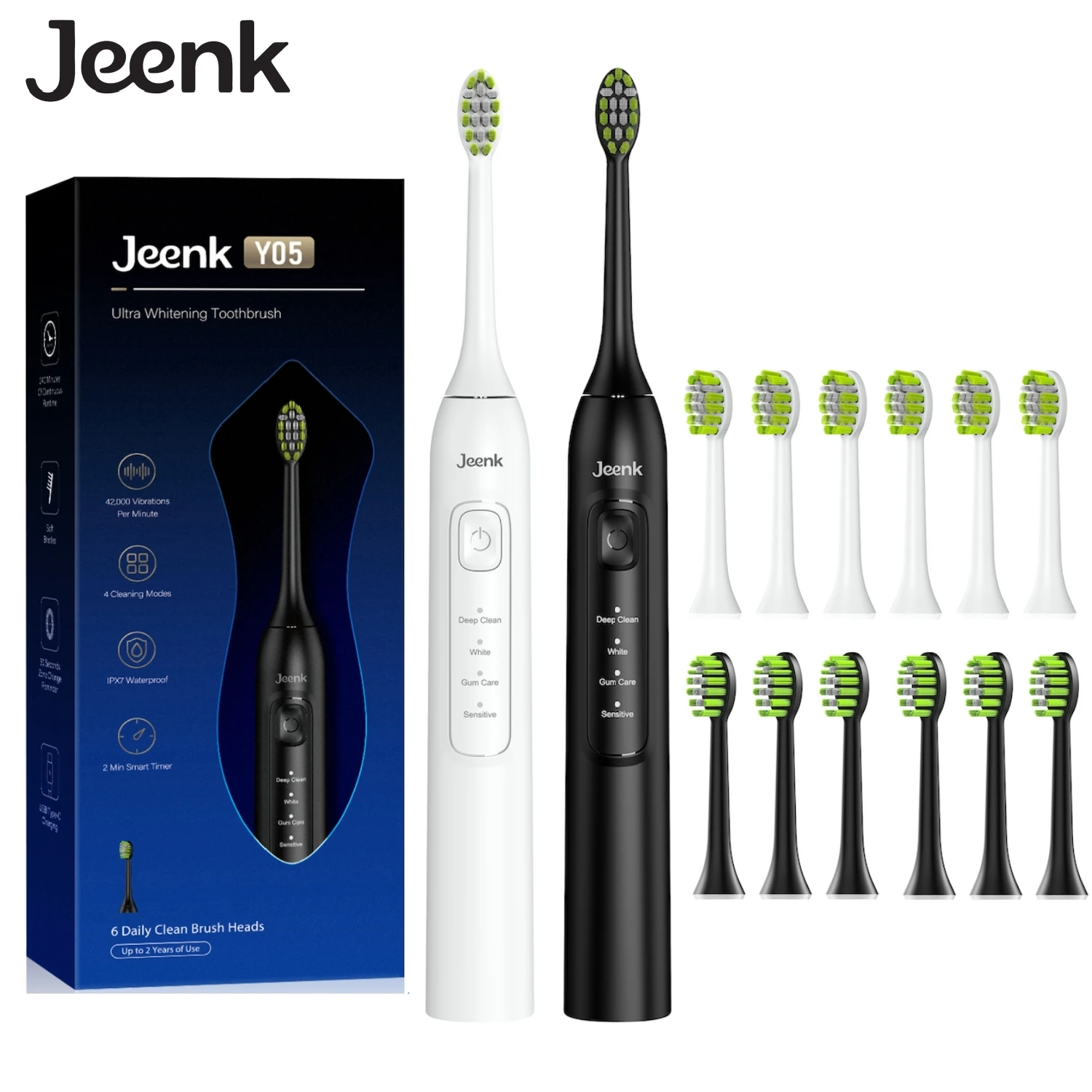 

Jeenk JK-Y05 Набор звуковых электрических зубных щеток, 4 режима, умный таймер, зарядка через USB, 12 сменных насадок, вариант черного и белого цвета