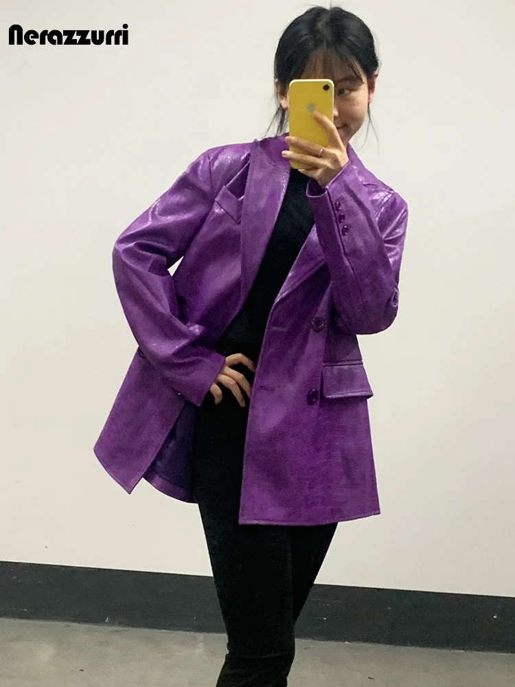 Nerazzurri-blazer de couro com estampa de crocodilo para mulheres, seios duplos, solto, roxo, marrom, moda coreana, primavera, outono, 2023