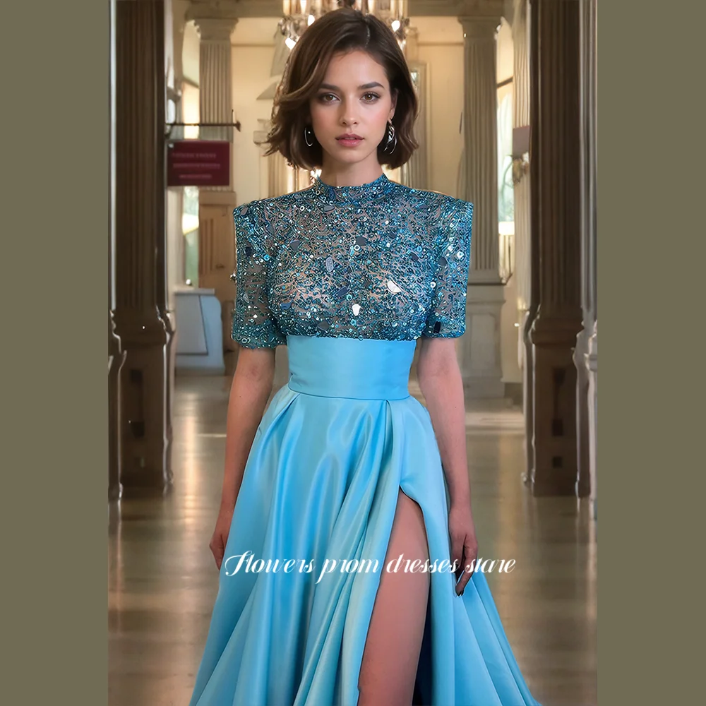 Blumen-Abschlussball, A-Linie, Partykleid, glitzerndes Pailletten-Oberteil, Abendkleid, 2-teilig, Abschlussball-Kleider, hoher Schlitz, formelle Vestidos de Fiesta