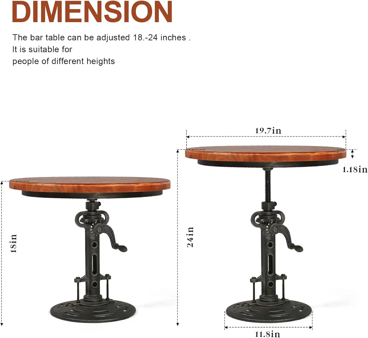 Vintage Industrial Adjustable Height Crank Table for Home or Café- Round Iron Bistro/Dining/Desk with Mechanical Inspired Hand- Rustic Antique Style, Wooden Desktop, Dark Grey Base