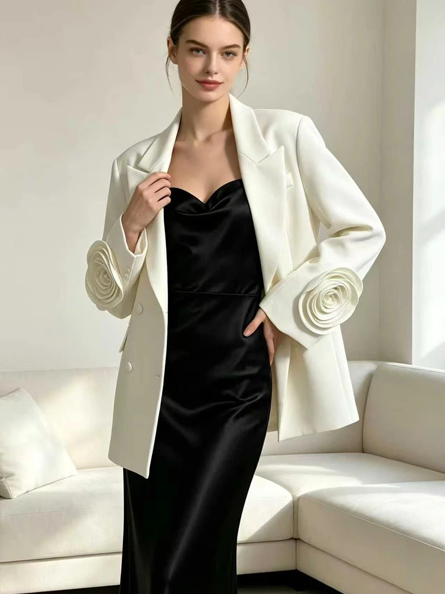 LIMO Elegant  Women 3D Rose Decor Long Sleeve Notched Collar Suit Coat Office Lady Formal Outerwear